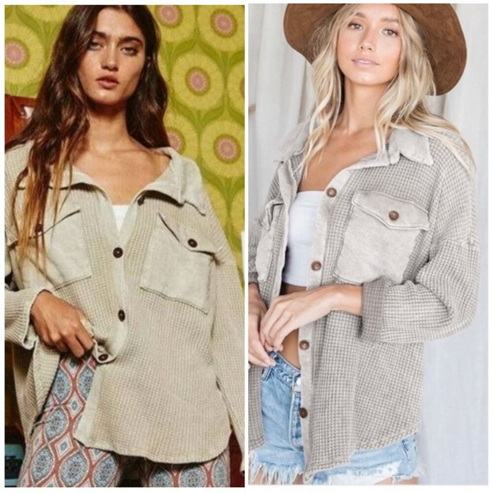 Bucket List Thermal Waffle Henley oversized size medium Tan Boho Streetwear‎